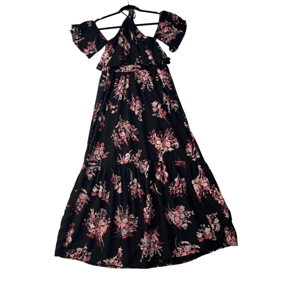 NORDSTROM BP Dress Small Black Floral Halter Cold Shoulder Maxi Tiered